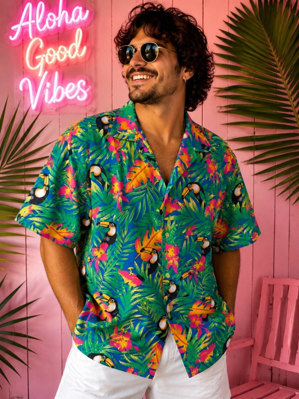 Blue Generation Toucan Tropical Hawaiian Tiki Vacation Button Up Shirt L Neon